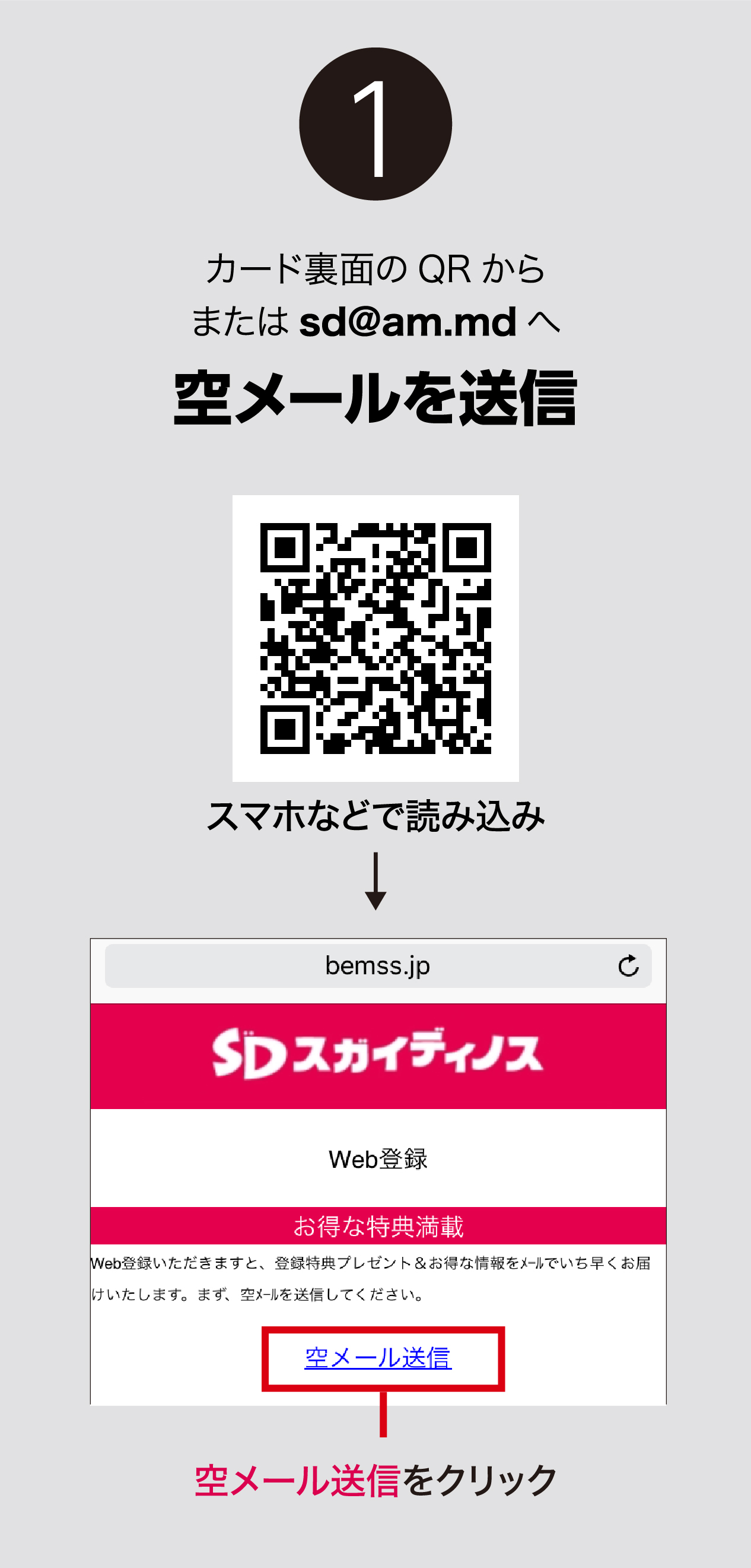 カード裏面のQRからまたはsd@am.mdへ空メールを送信